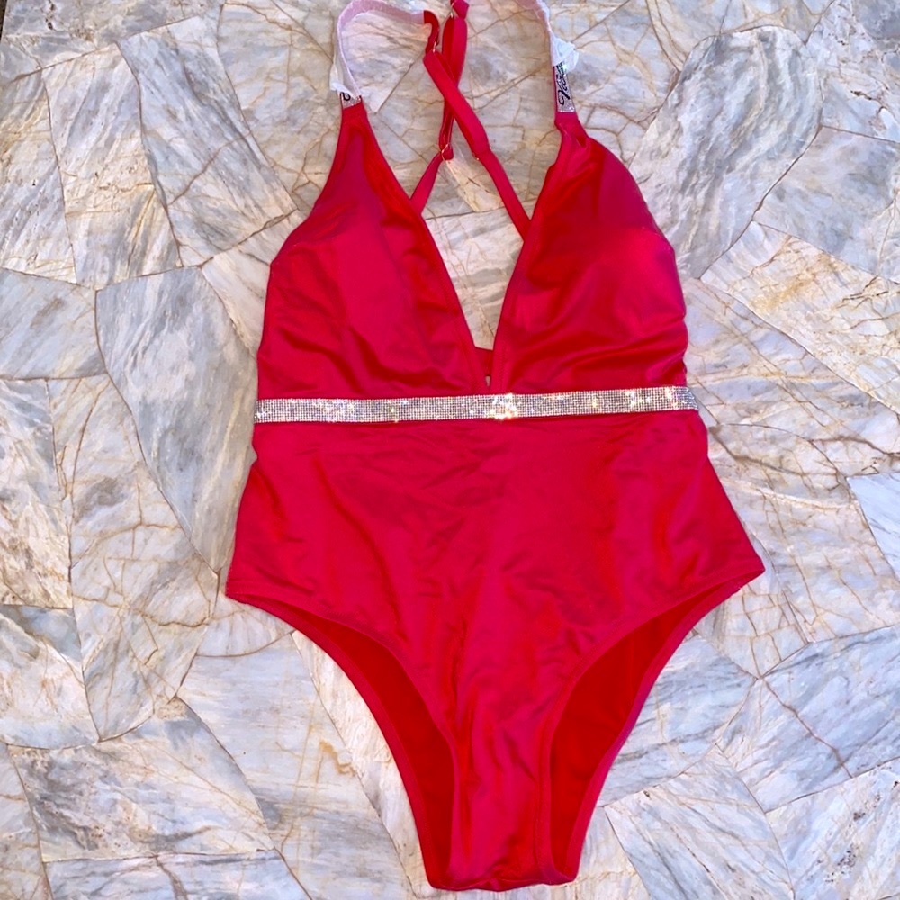 New VS BLING ONE PIECE SWIMSUIT Shine Strap Logo Rare‎ Gorgeous Pink Red Medium